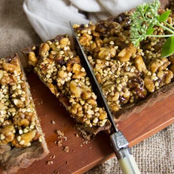 This walnut and buckwheat caramel tart is a perfect pairing of sweet and salty flavours, and crispy and silky textures. Gluten-free, dairy-free.