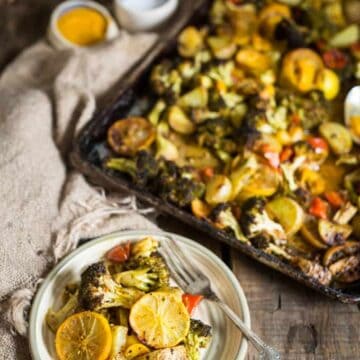 Roasted lemon potatoes, broccoli and bell peppers